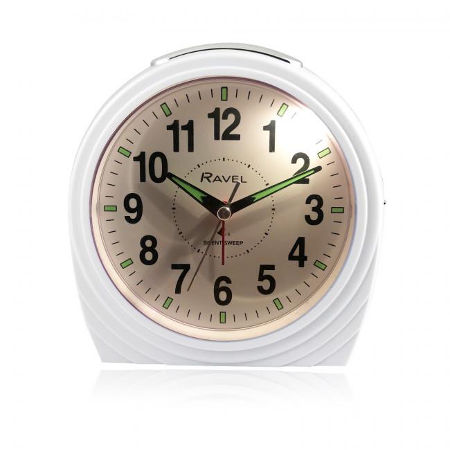 Ravel Large Art Deco Bedside / Mantel Quartz Alarm Clock - Gloss White RC035.4