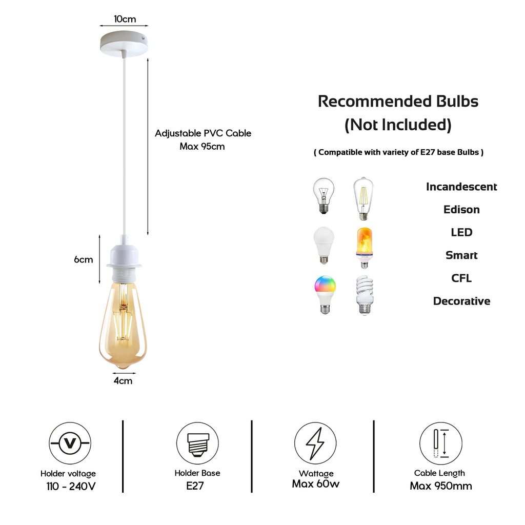 5 Pack Vintage Industrial Style White Ceiling Pendant Lamp E27 Base Metal Screw