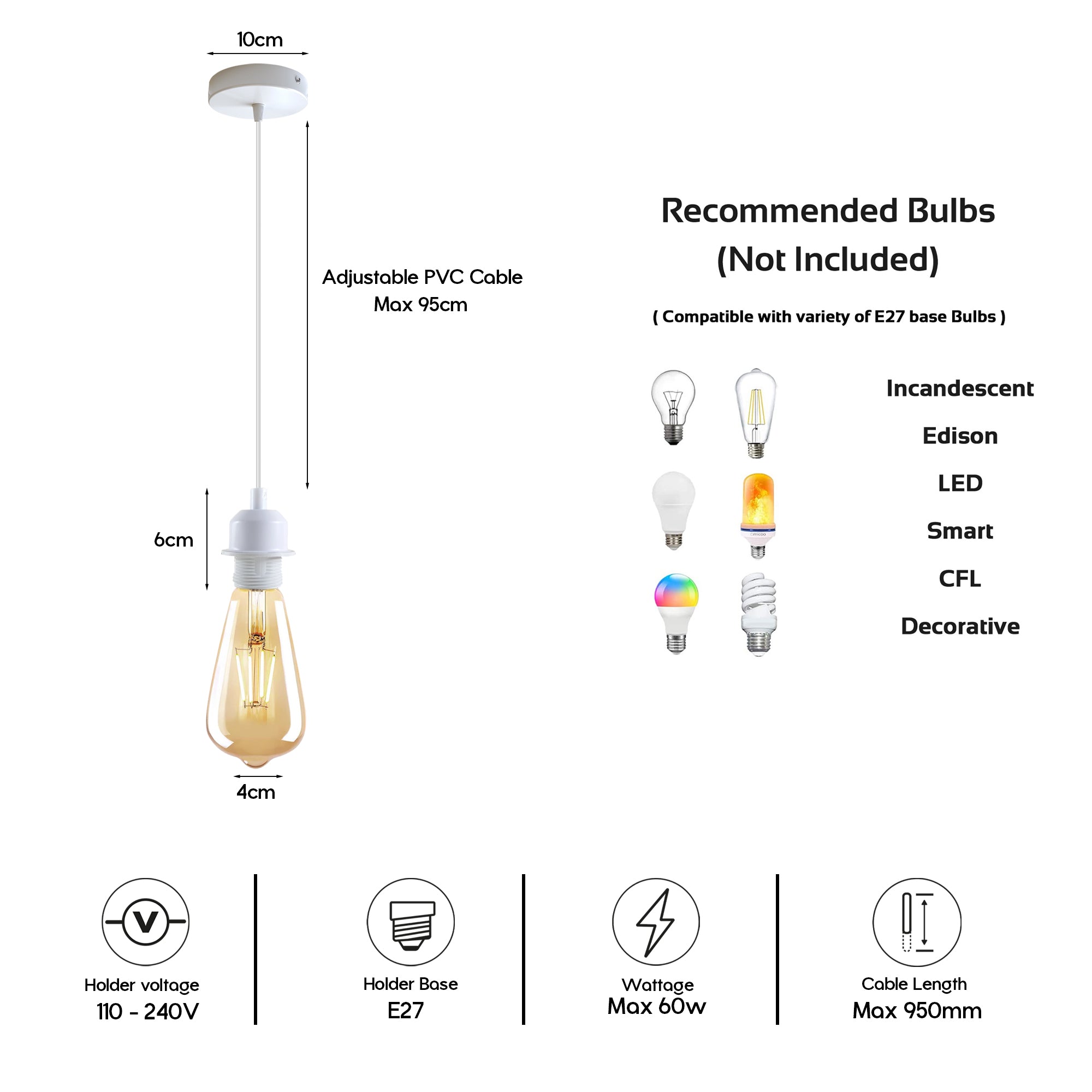 5 Pack Vintage Industrial Style White Ceiling Pendant Lamp E27 Base Metal Screw