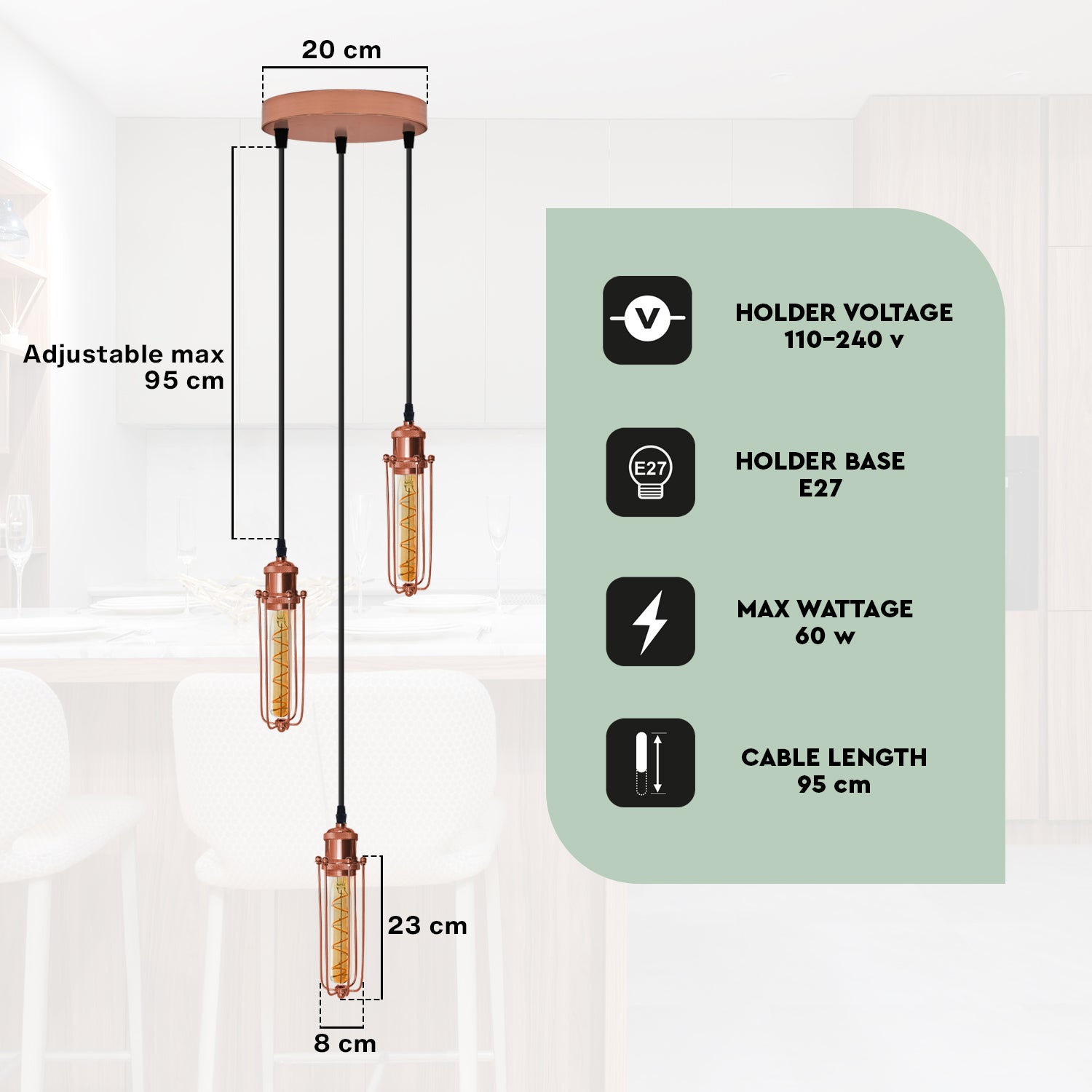 3 Head Round Base Rose Gold Ceiling E27 Pendant Light with Wire Cage