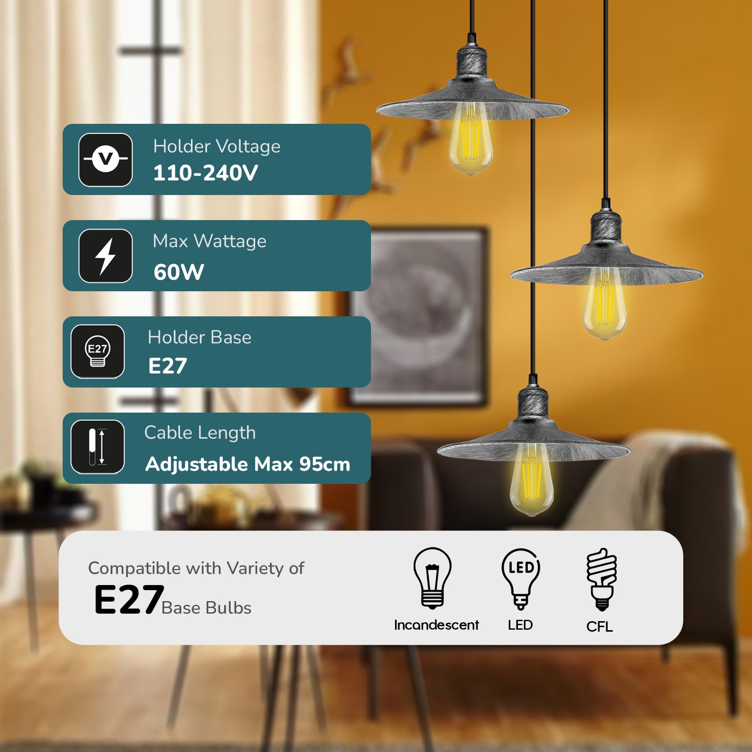 3 Head Round Base Vintage Ceiling Pendant Light Shade Hanging Lamp Light