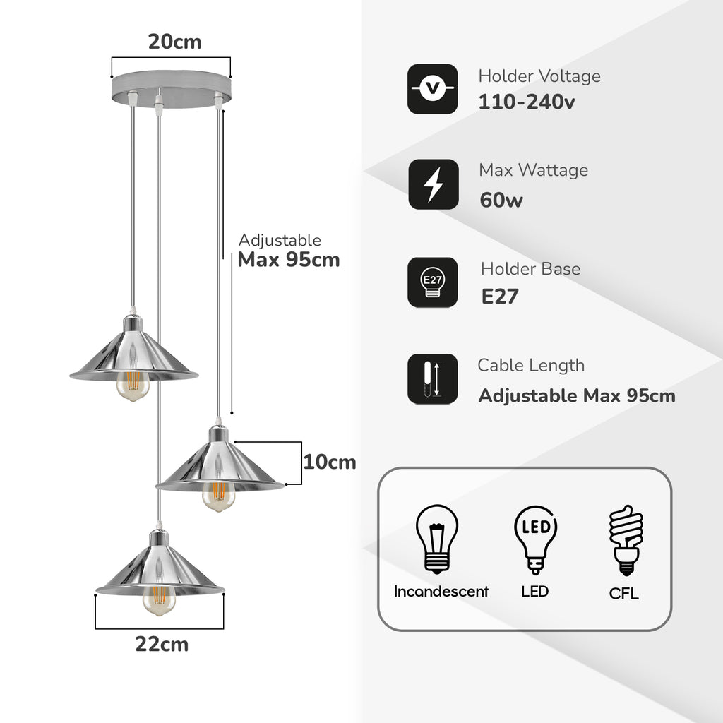 3 Head Round Base Industrial Vintage Ceiling Pendant Light Shade Hanging Lamp Light