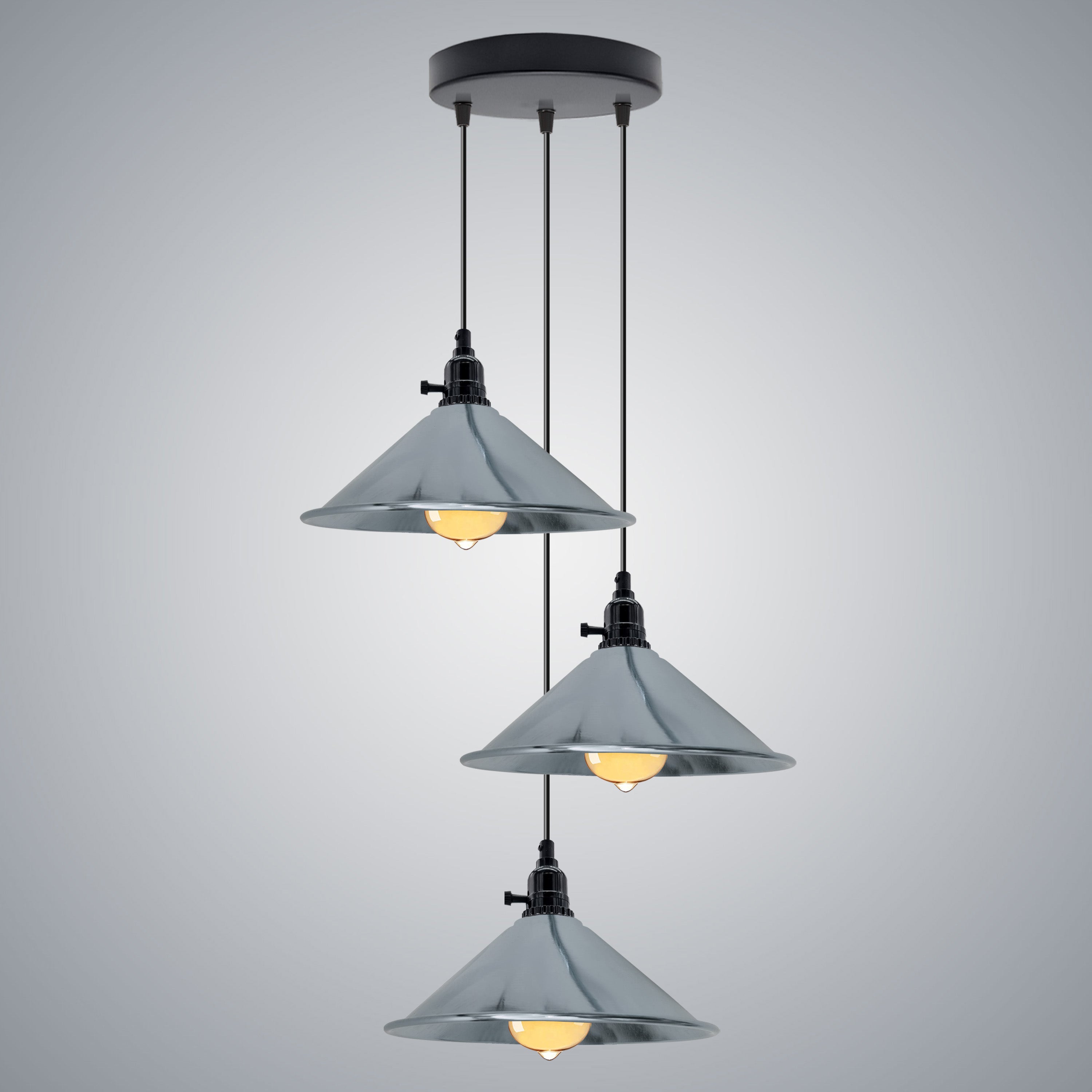 Industrial 3 Head Cluster Ceiling Pendant Light with Adjustable Cord E27 Base