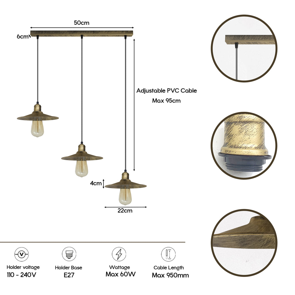 3 Head Vintage Industrial Brushed Brass Ceiling Pendant Easy Fit Light Metal 22cm