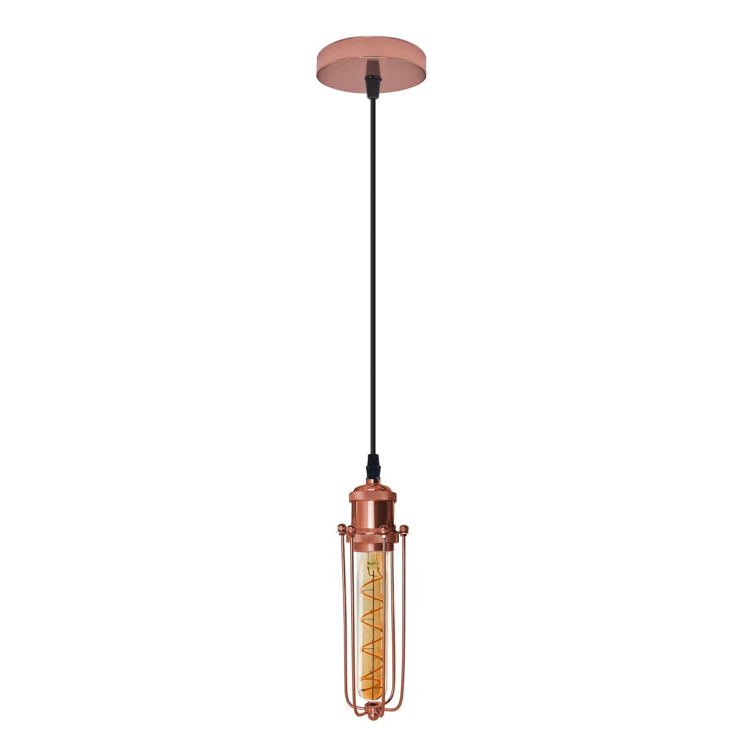Single Rose Gold Ceiling E27 Pendant Light with Wire Cage