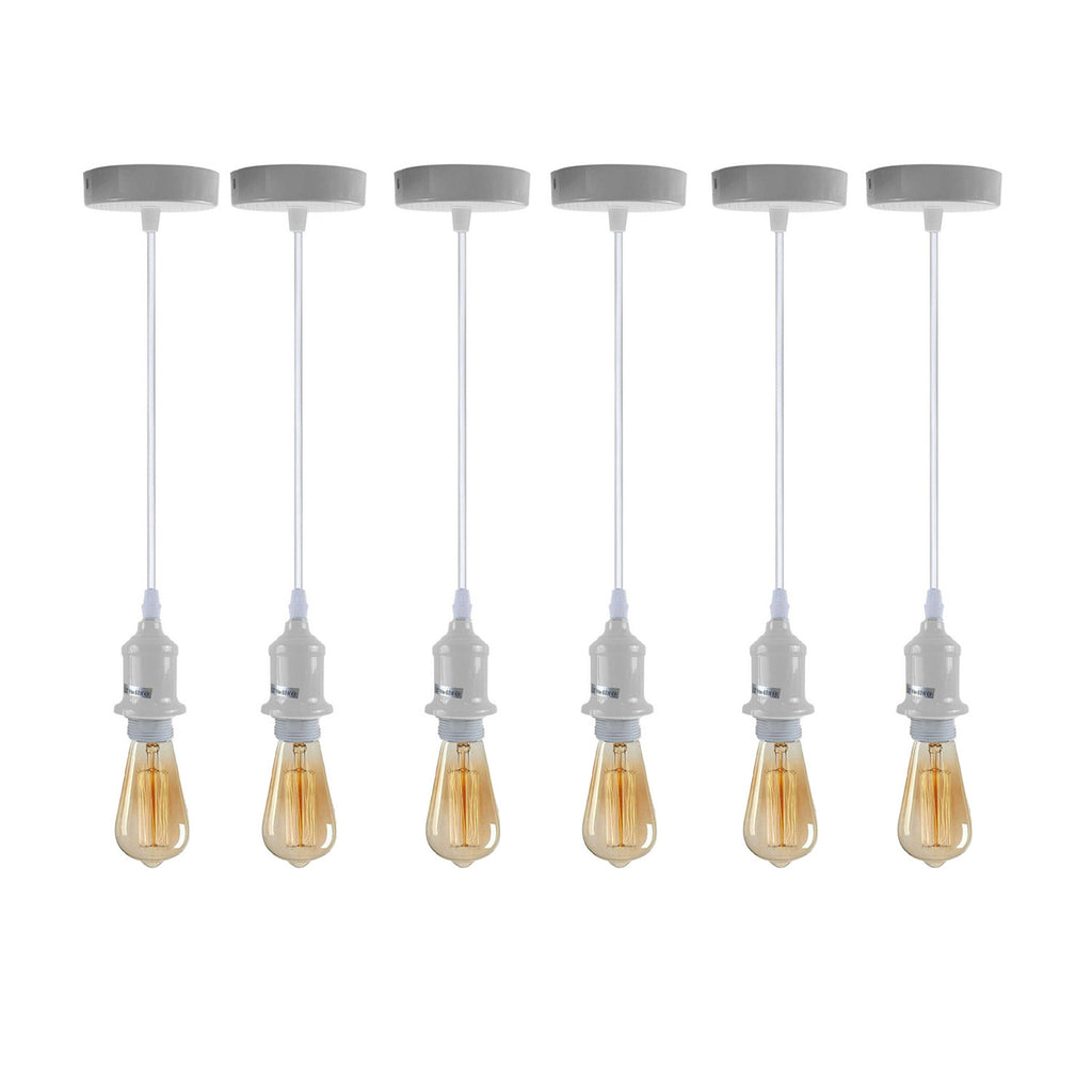 6 Pack Industrial Pendant Light Fitting, Lampshade Addable E27 Lamp White Holder