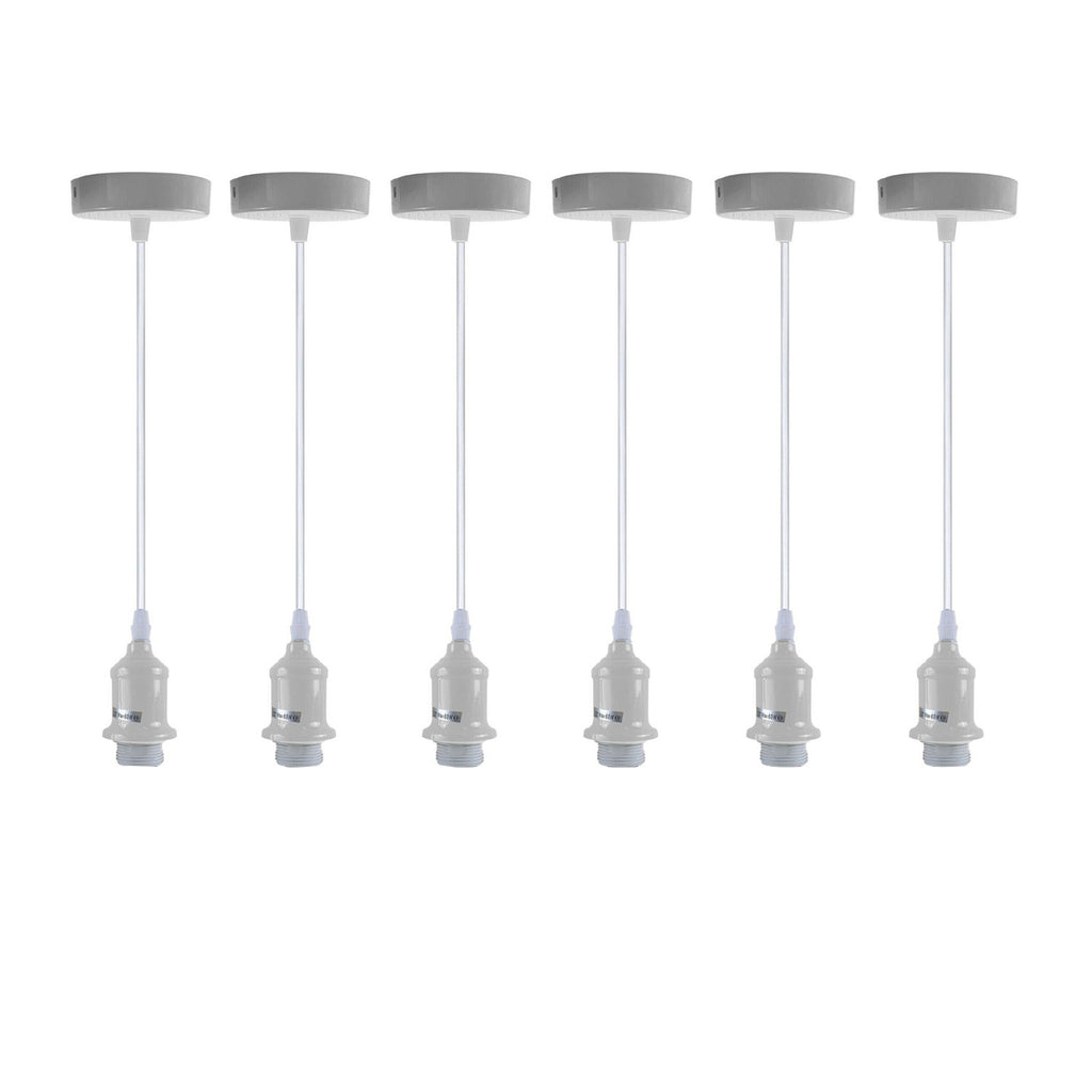 6 Pack Industrial Pendant Light Fitting, Lampshade Addable E27 Lamp White Holder