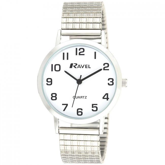 Ravel Men's Basic Classic Easy Read Silver / White Expander Bracelet Watch R0201.01.1
