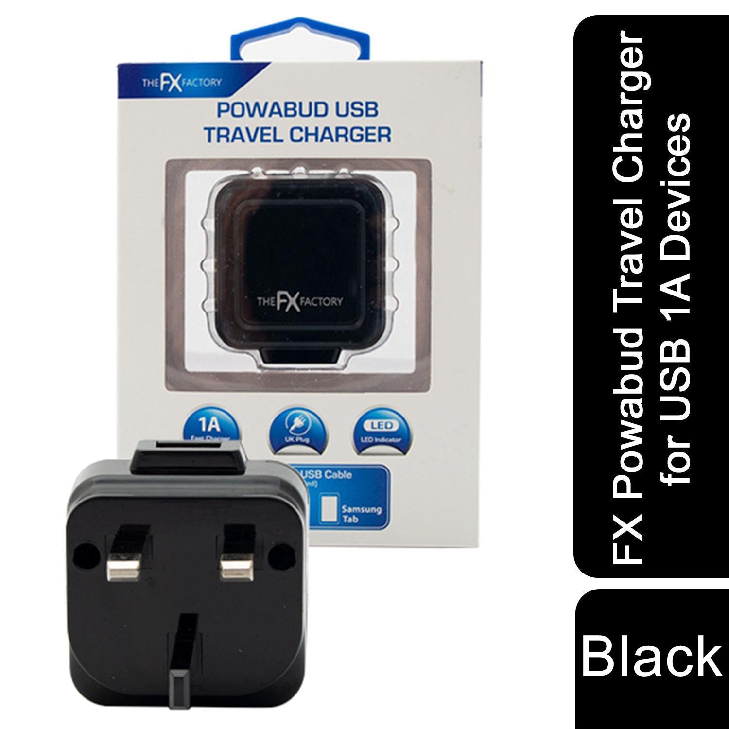 FX Mains Charger Powabud for USB 1A & Micro USB Devices for USB 1A - Black