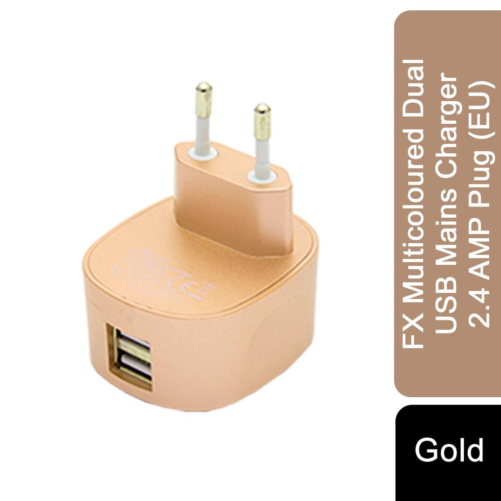 FX Multicoloured Dual USB Mains Charger 2.4 AMP Plug (EU), Gold