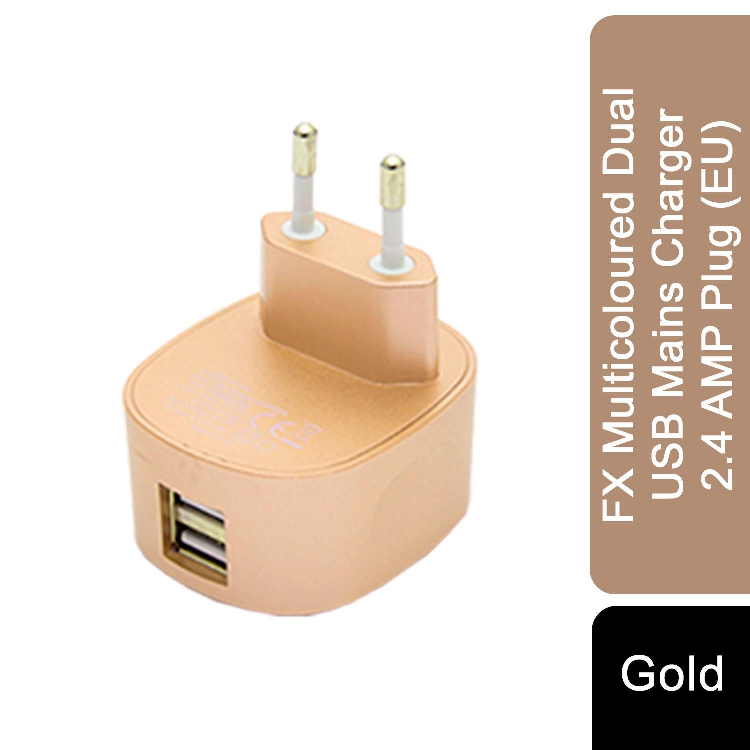 FX Multicoloured Dual USB Mains Charger 2.4 AMP Plug (EU), Gold