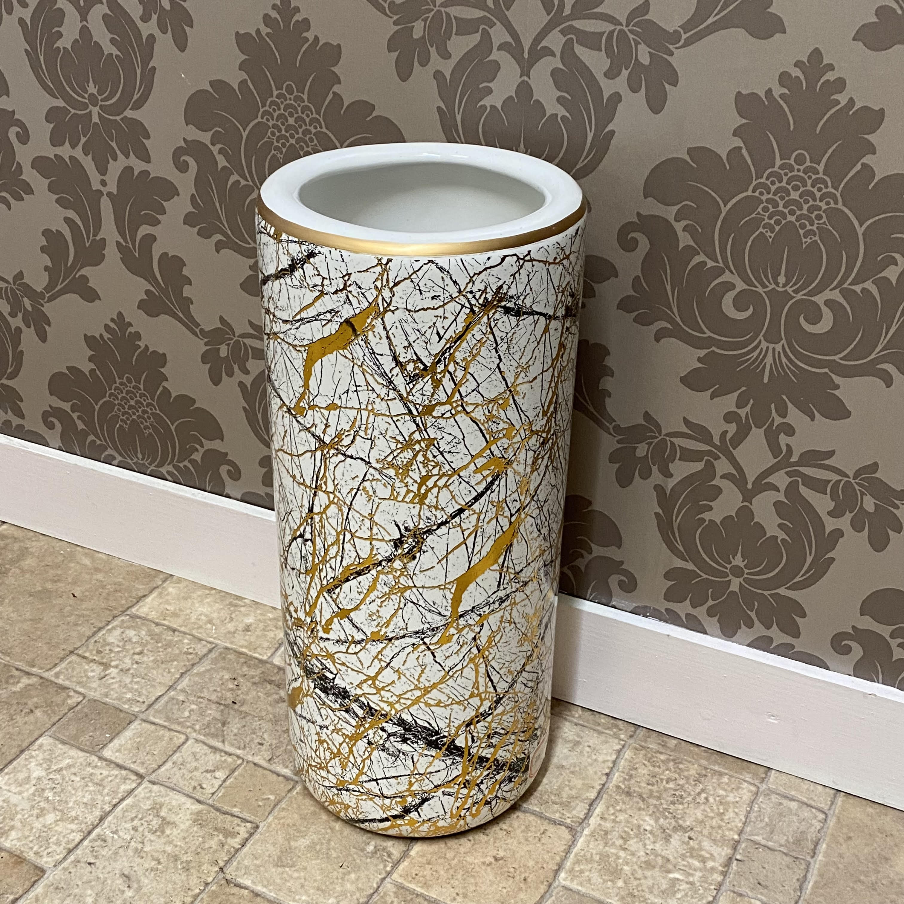 AcaciaHome Durable Ceramic Round Umbrella stand–Perfect Holder for Home (Ceramic White/Gold)