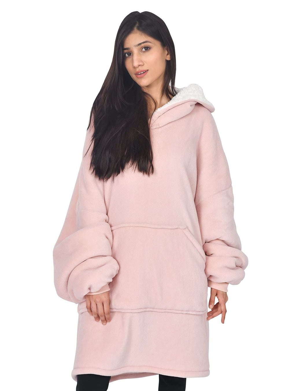 Unisex Coral Fleece Double Layer Solid Blanket Hoodie Pink
