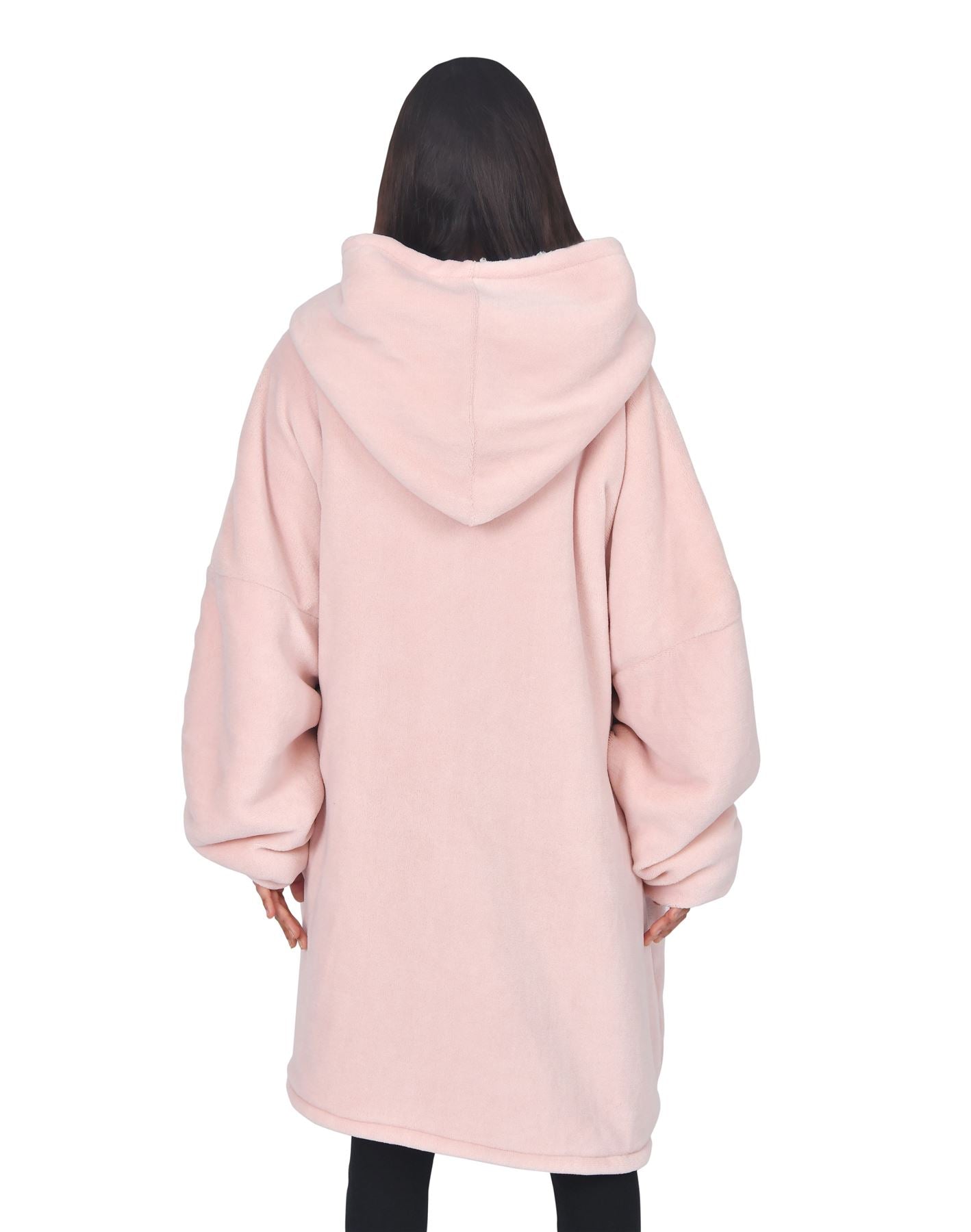 Unisex Coral Fleece Double Layer Solid Blanket Hoodie Pink