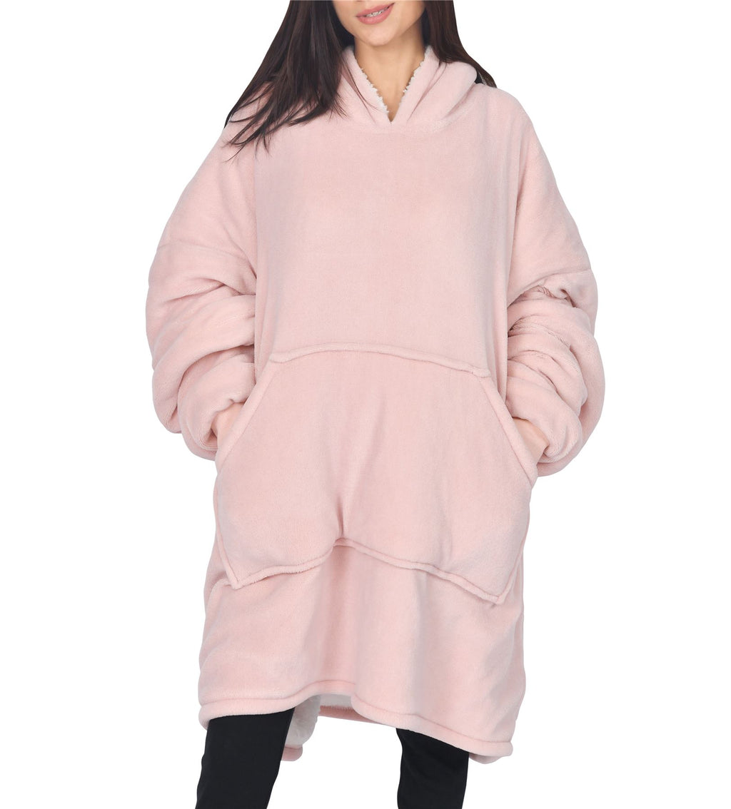 Unisex Coral Fleece Double Layer Solid Blanket Hoodie Pink