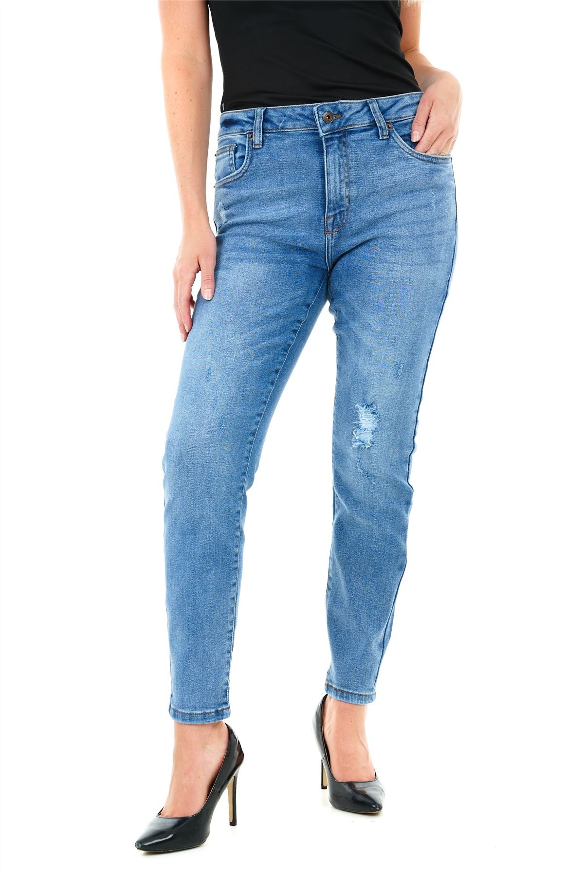 Rip Knee Skinny Mid Blue Wash 30