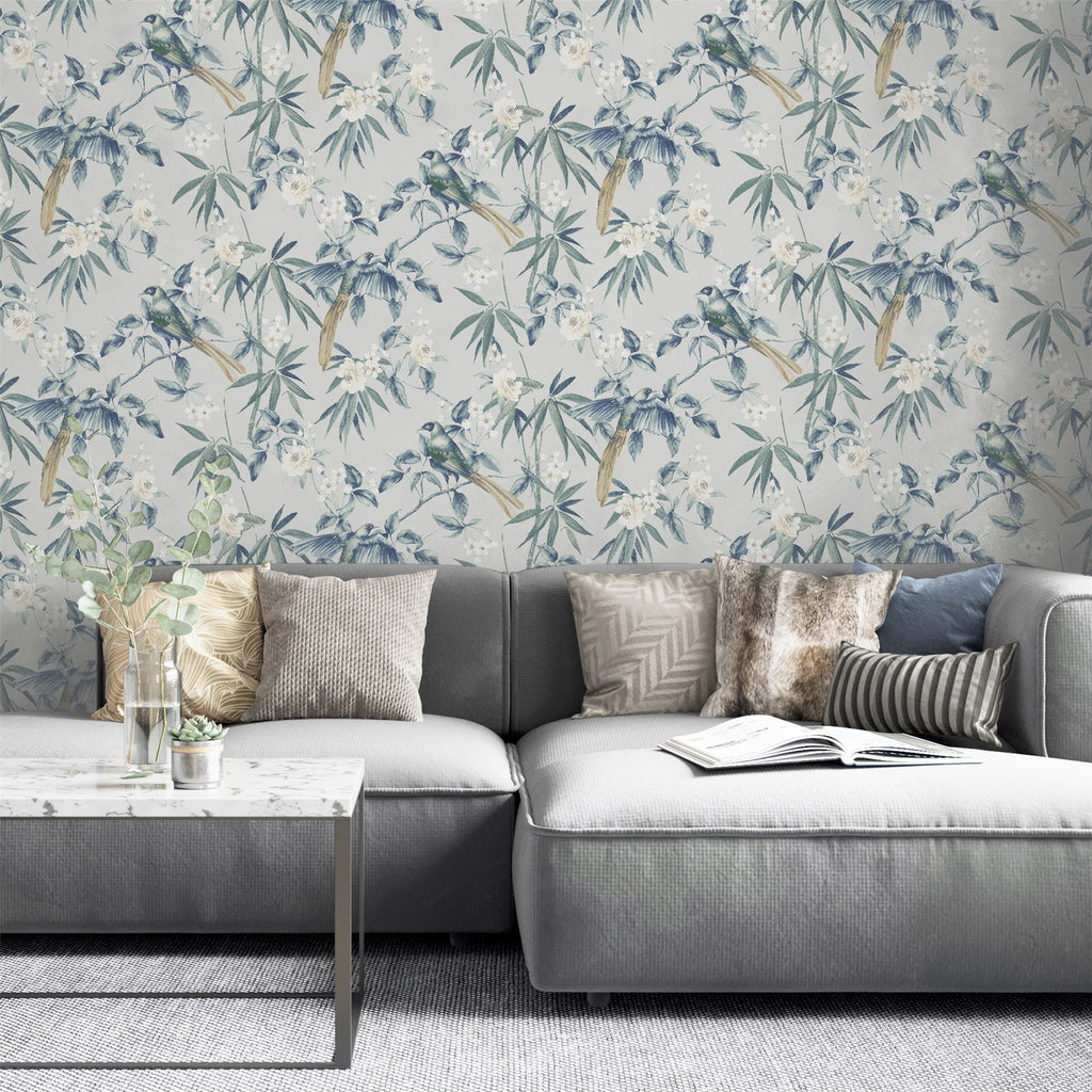 Oriental Floral Birds Grey/Blue sw12