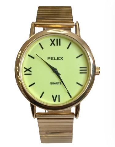 Pelex Men's Big Roman number Gold Case Night Glow Dial Gold Bracelet Strap Quartz Watch