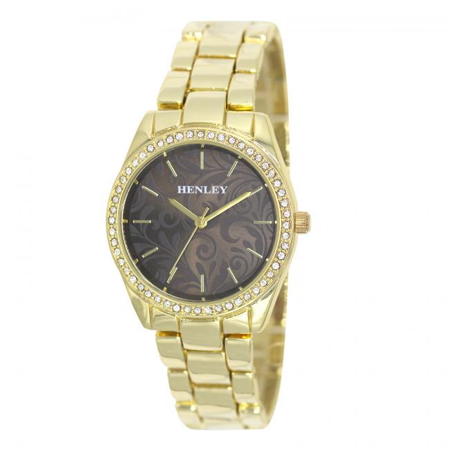 Henley Ladies Bling Etched Patterned Brown Dial & Gold plated Bracelet Watch H07326.2
