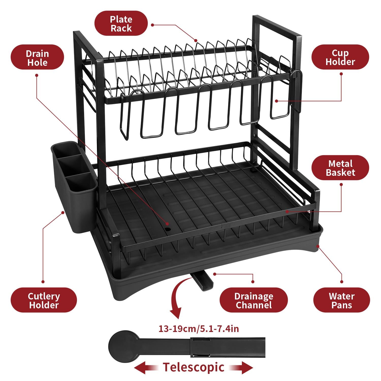 Vinsani 2 Tier Dish Drainer Black