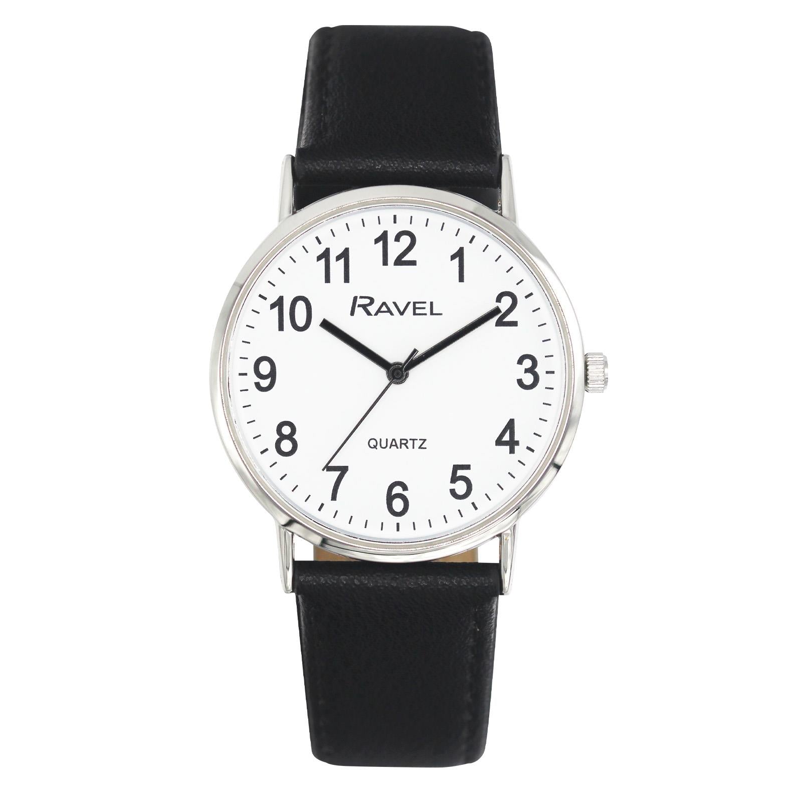 Ravel Men's Classic Big White Dial Black Leather Strap Watch R0129.20.1