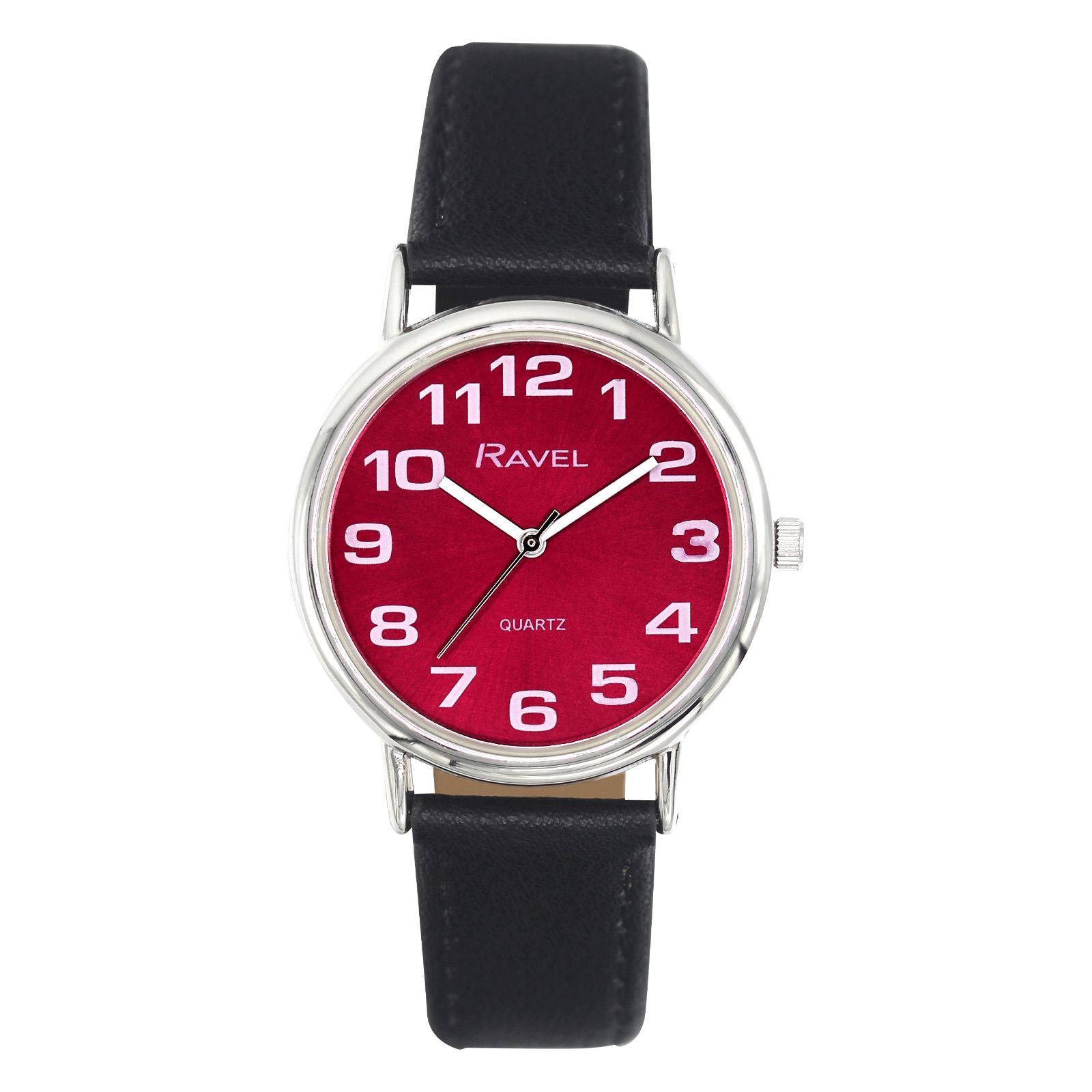 Ravel Unisex Men's Ladies Classic Big Red Dial Black Leather Strap Watch R0105.51.1