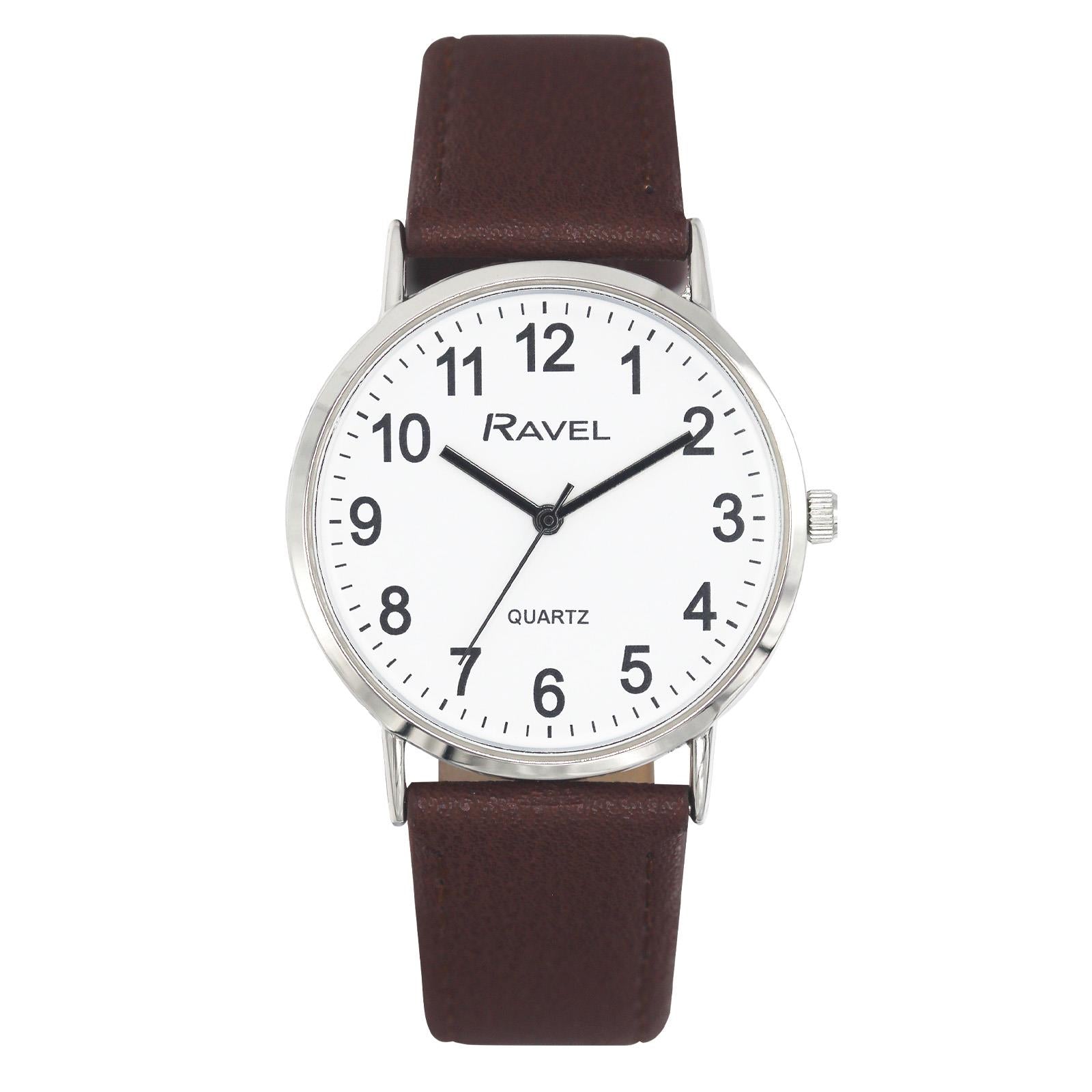 Ravel Men's Classic Big White Dial Brown Leather Strap Watch R0129.21.1