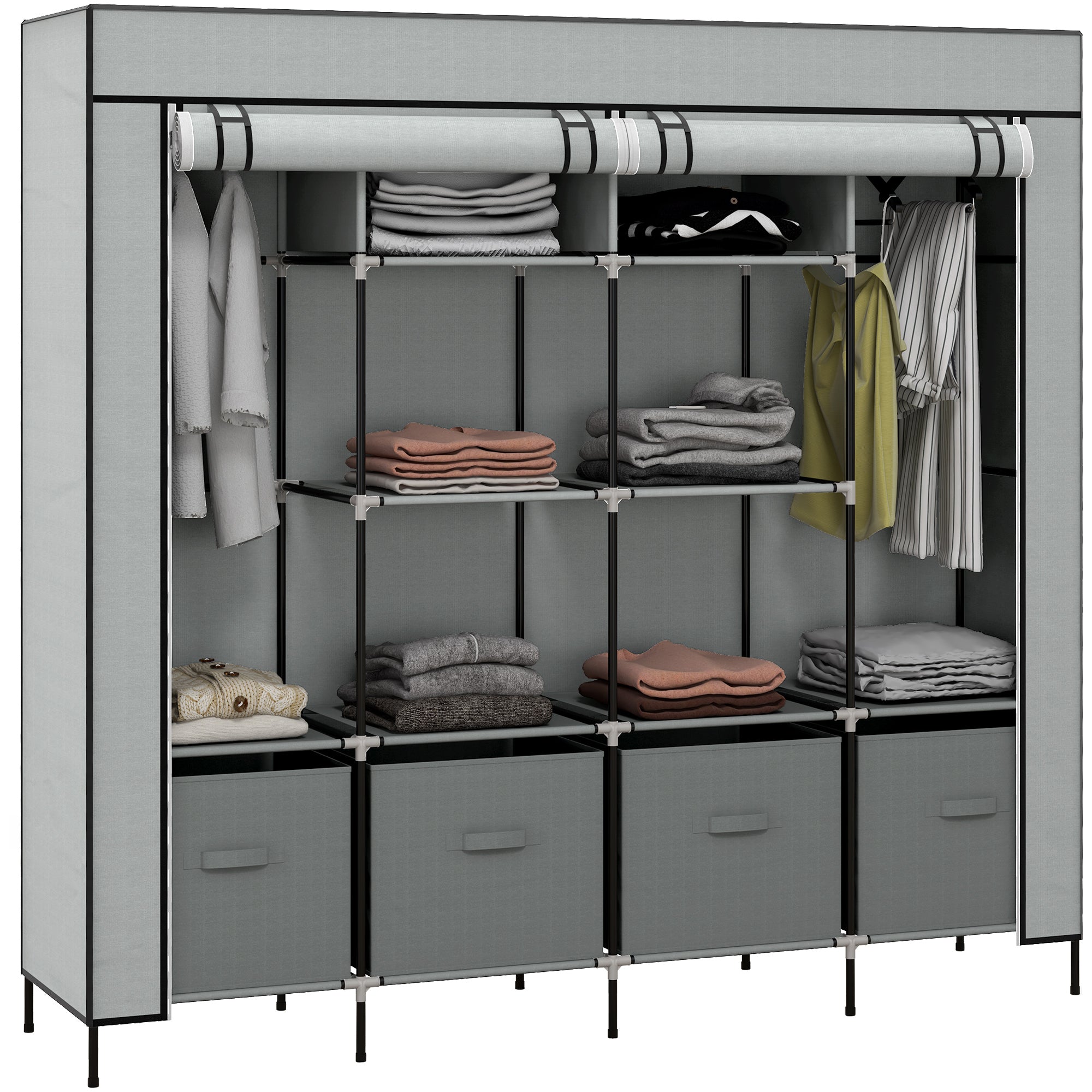 HOMCOM Fabric Wardrobe w/ 12 Shelves 2 Hanging Rails Foldable Closets