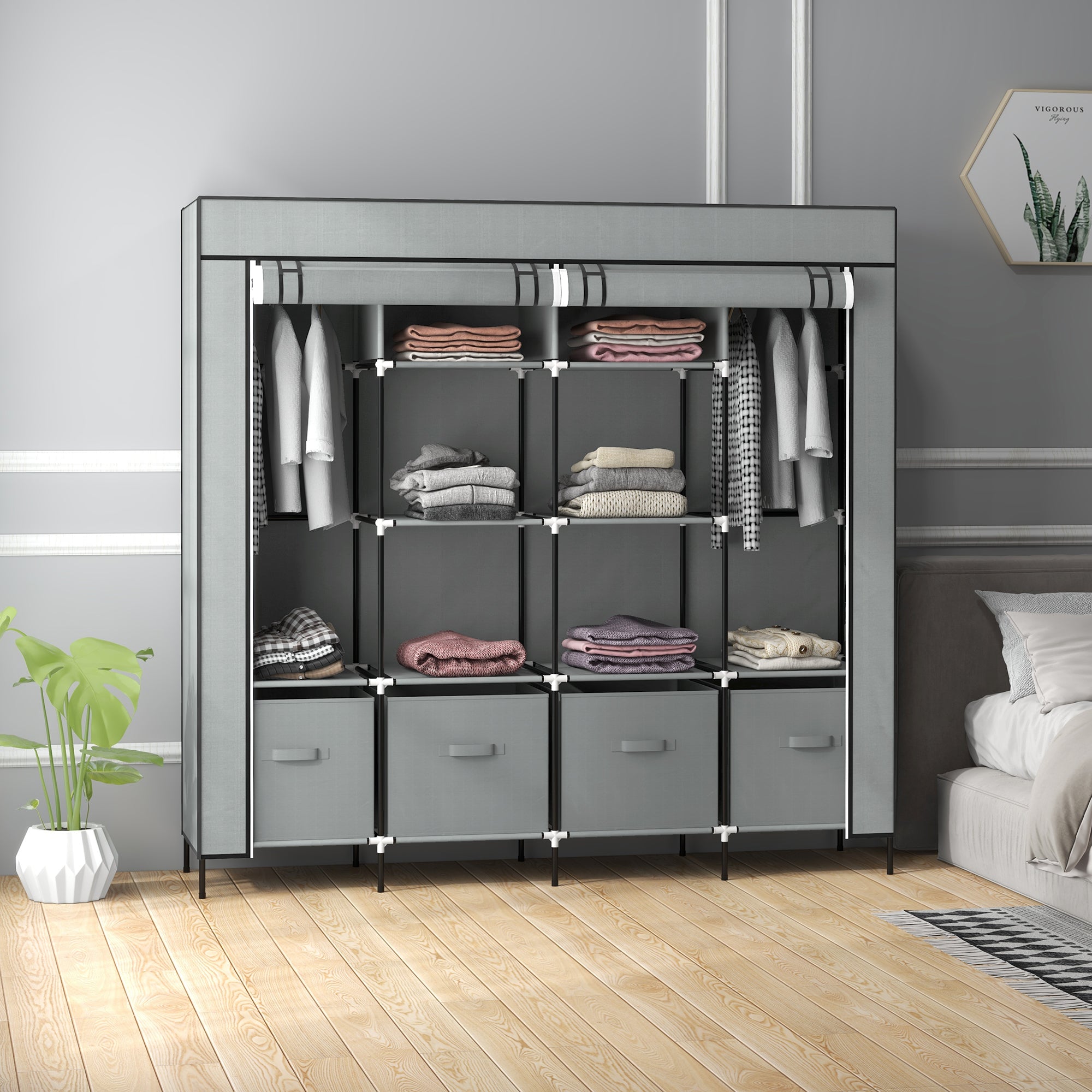HOMCOM Fabric Wardrobe w/ 12 Shelves 2 Hanging Rails Foldable Closets