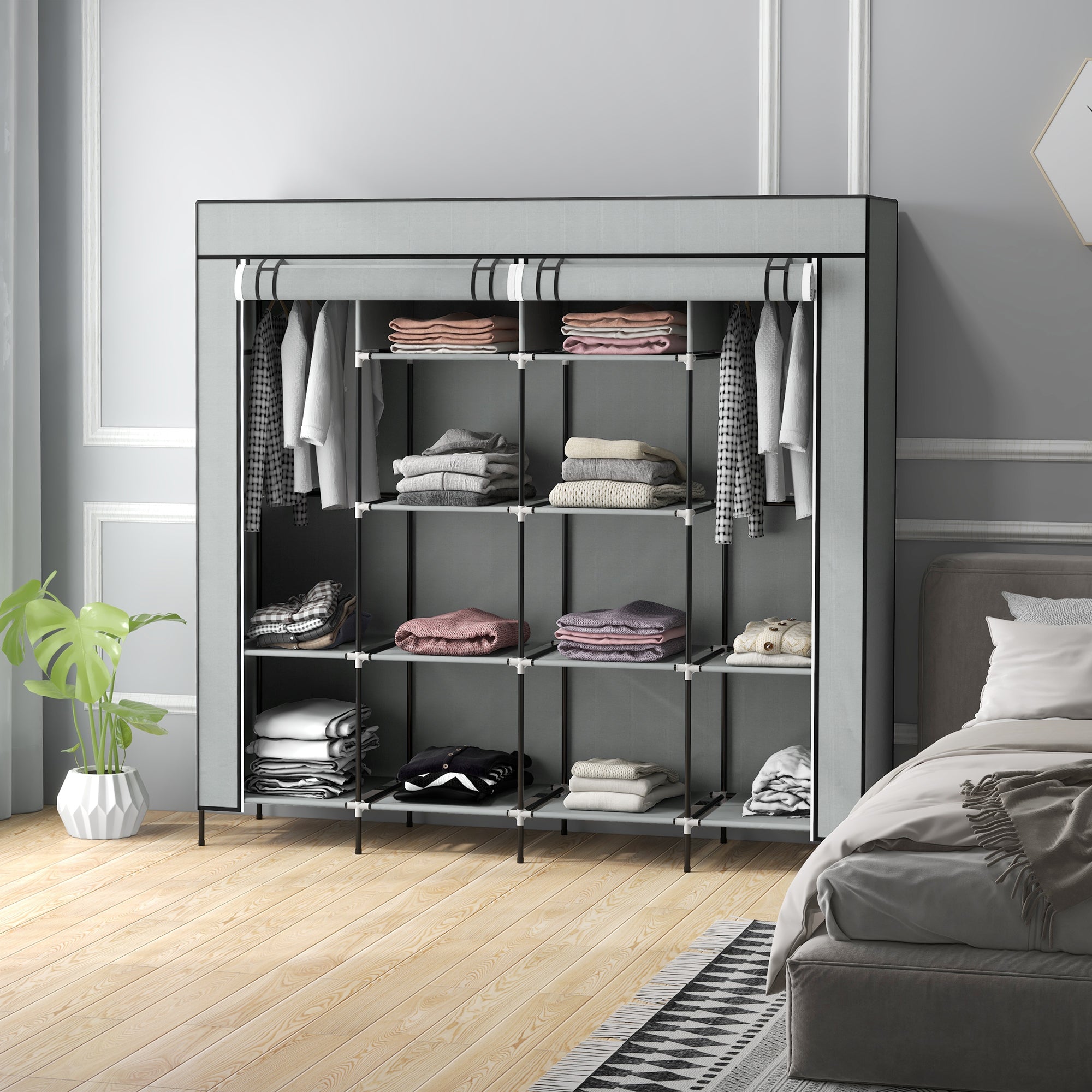 HOMCOM Fabric Wardrobe w/ 12 Shelves 2 Hanging Rails Foldable Closets
