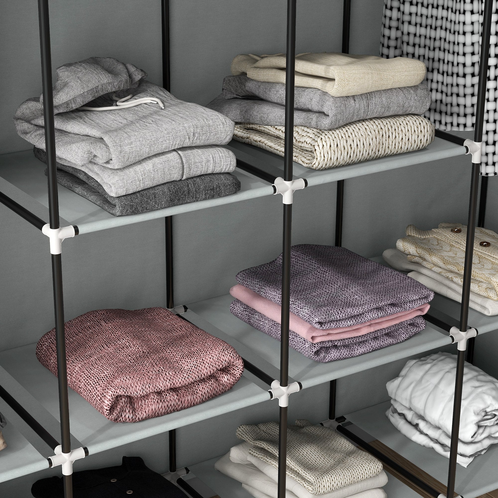 HOMCOM Fabric Wardrobe w/ 12 Shelves 2 Hanging Rails Foldable Closets