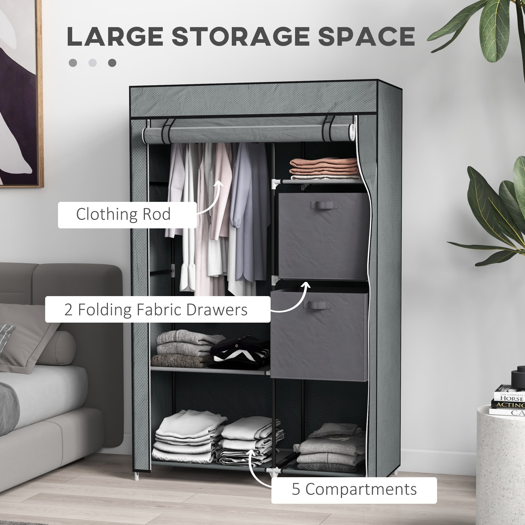 HOMCOM Fabric Portable Wardrobe with 2 Fabric Drawers, Hanging Rail, Grey