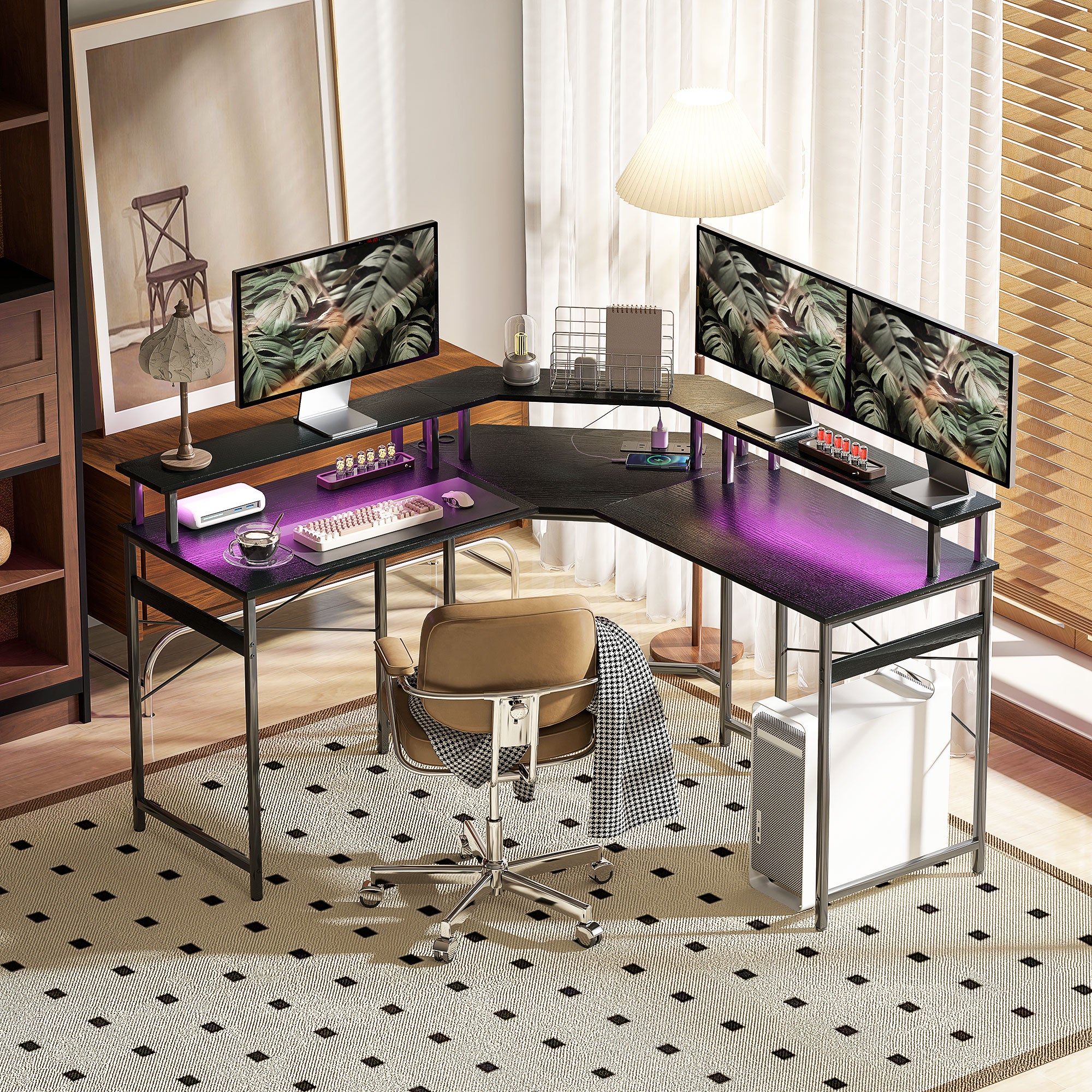 HOMCOM L Shaped Desk Corner Computer Desk with Monitor Stand, Black