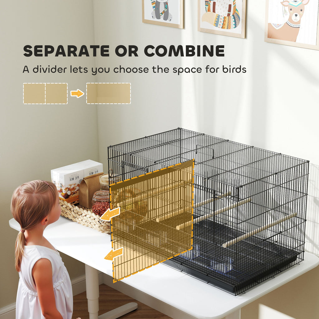 PawHut Bird Cage with Divider, 4 Wooden Perches, Slide Out Tray, Black