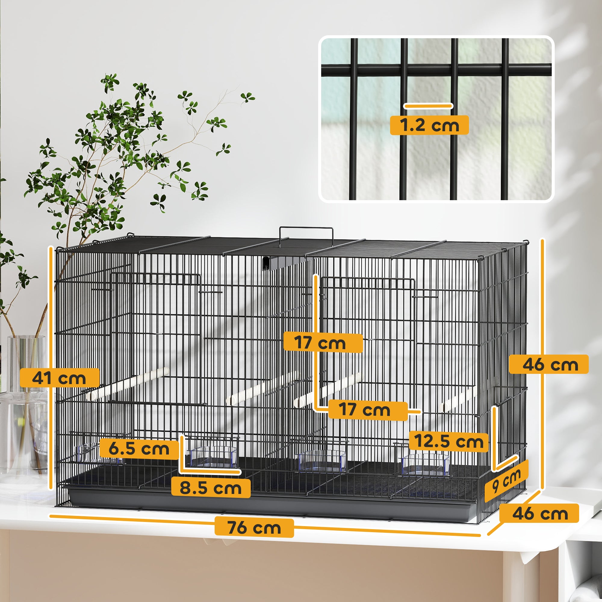 PawHut Bird Cage with Divider, 4 Wooden Perches, Slide Out Tray, Black