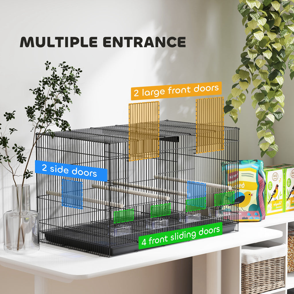 PawHut Bird Cage with Divider, 4 Wooden Perches, Slide Out Tray, Black