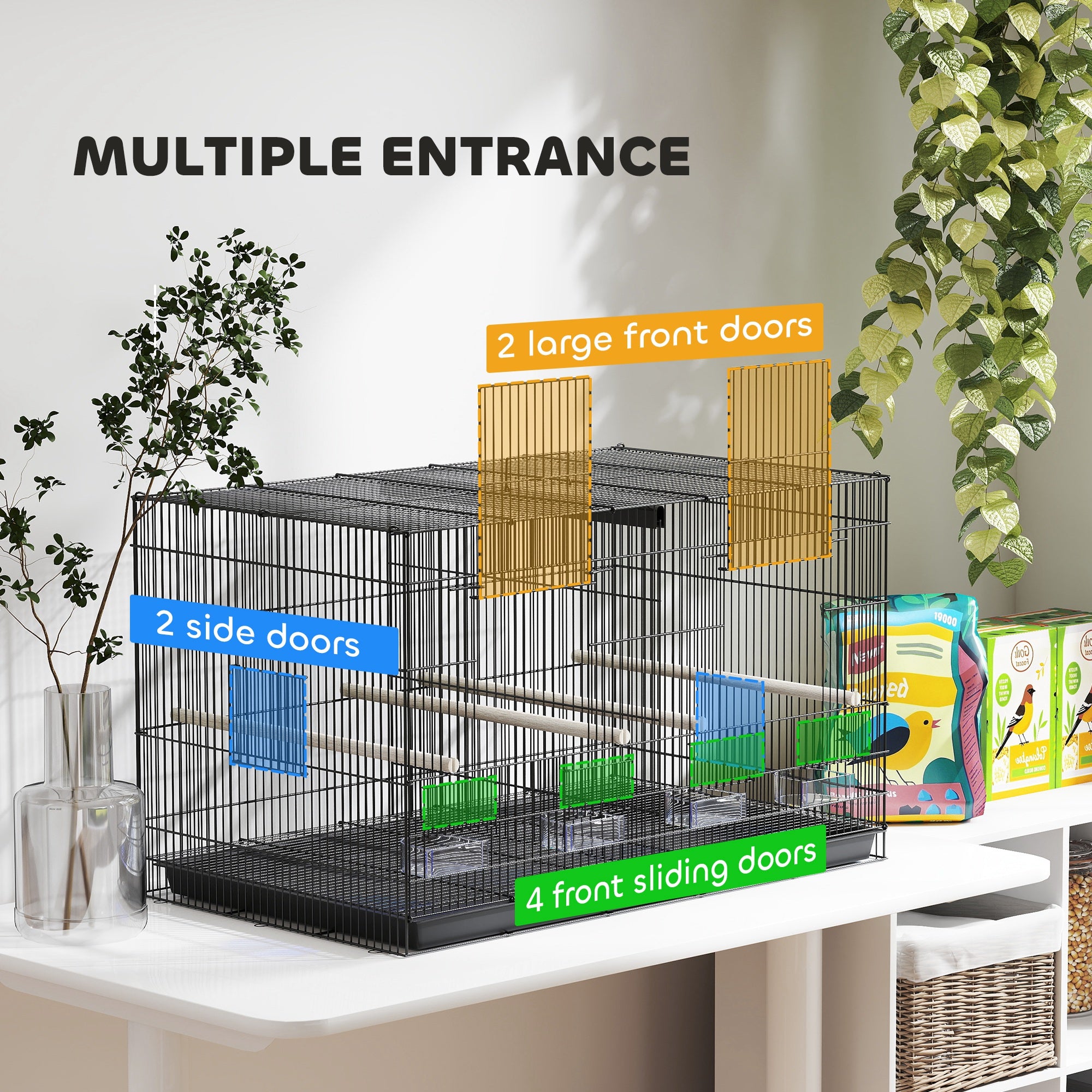 PawHut Bird Cage with Divider, 4 Wooden Perches, Slide Out Tray, Black