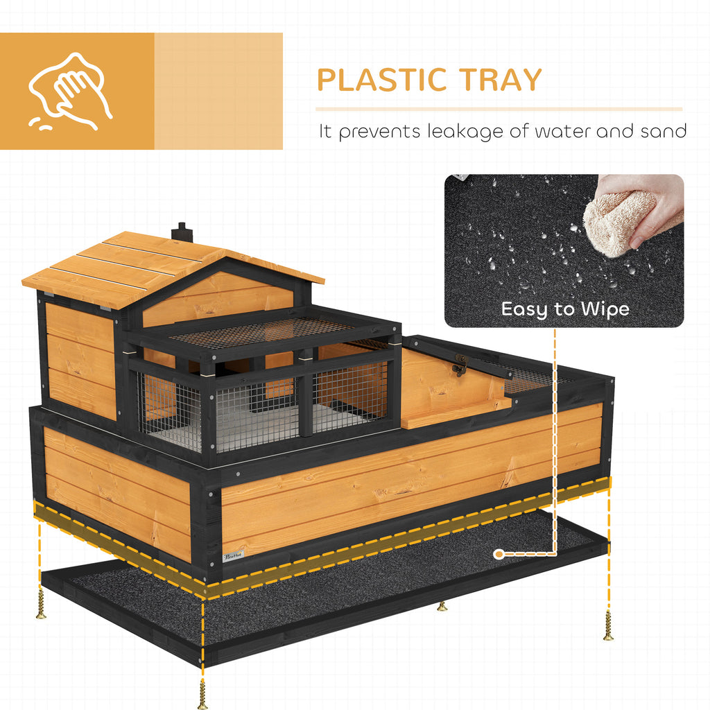 PawHut Wooden Tortoise House Indoor Outdoor w/ Balcony, Tray, Openable Roof