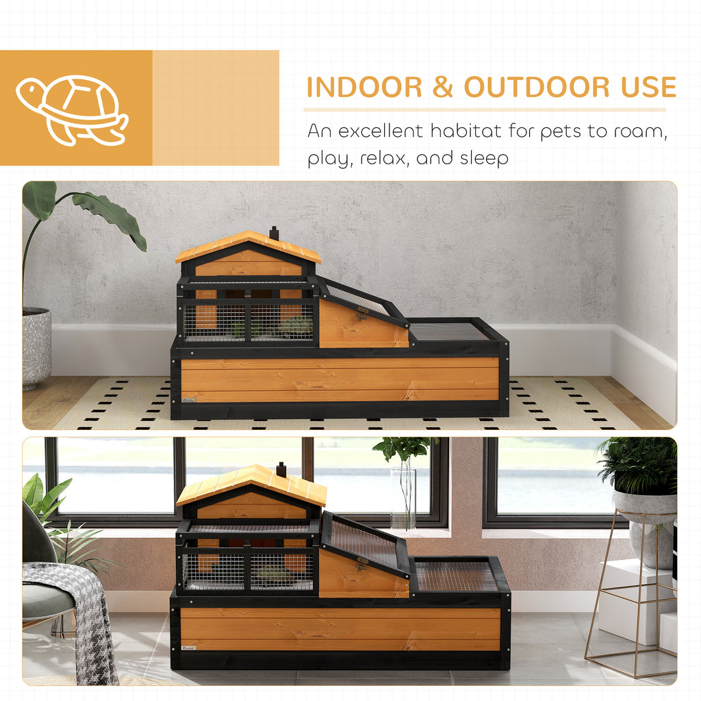 PawHut Wooden Tortoise House Indoor Outdoor w/ Balcony, Tray, Openable Roof