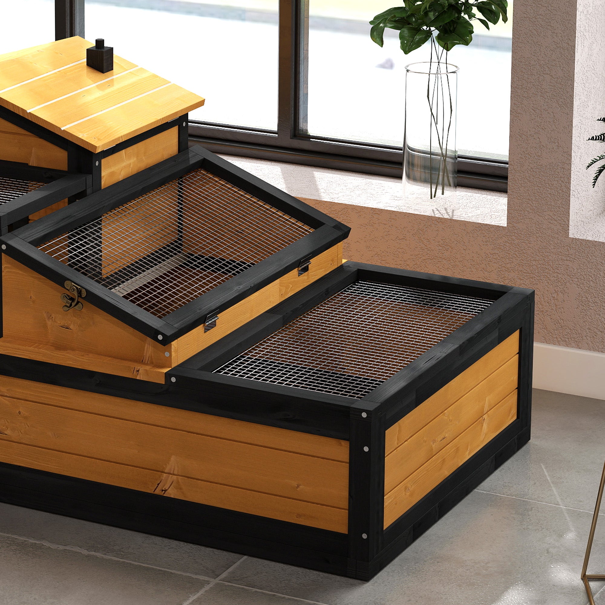 PawHut Wooden Tortoise House Indoor Outdoor w/ Balcony, Tray, Openable Roof