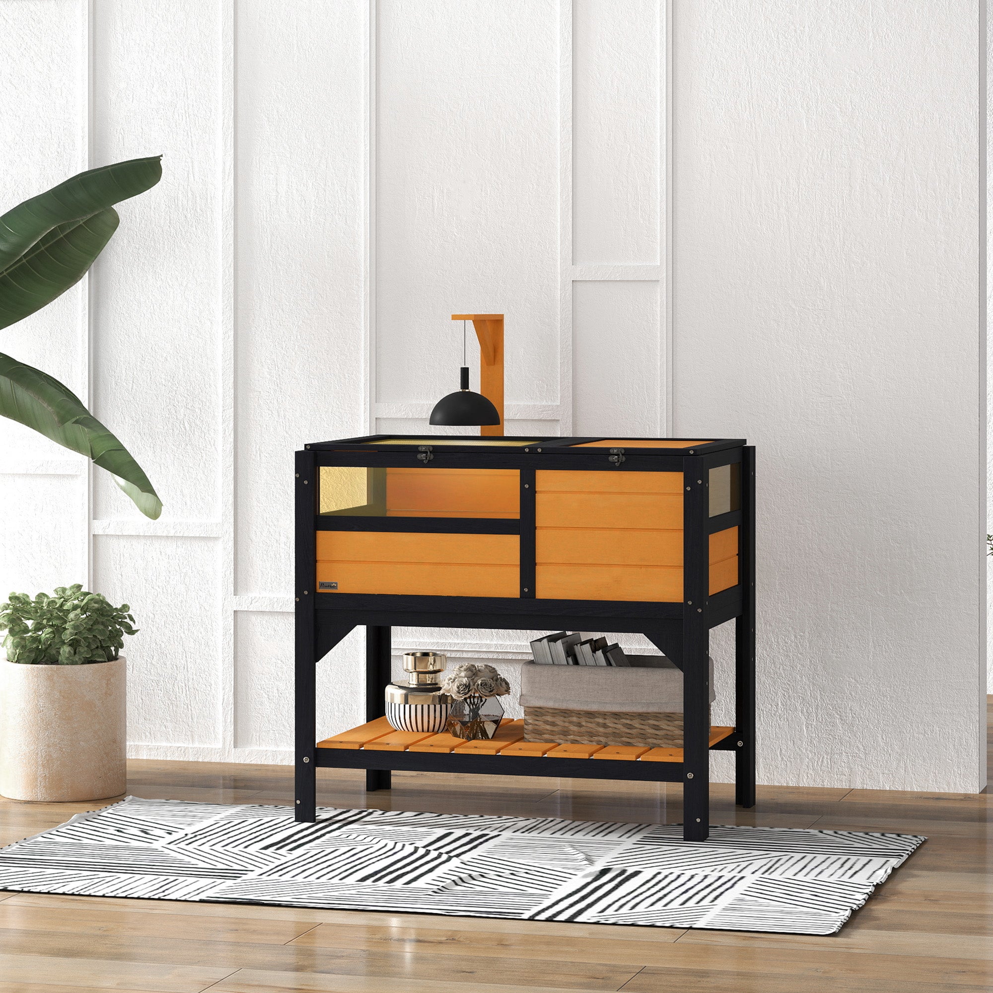 PawHut Wooden Tortoise House w/ Run, Shelter, Shelf, Lamp Holder, Yellow