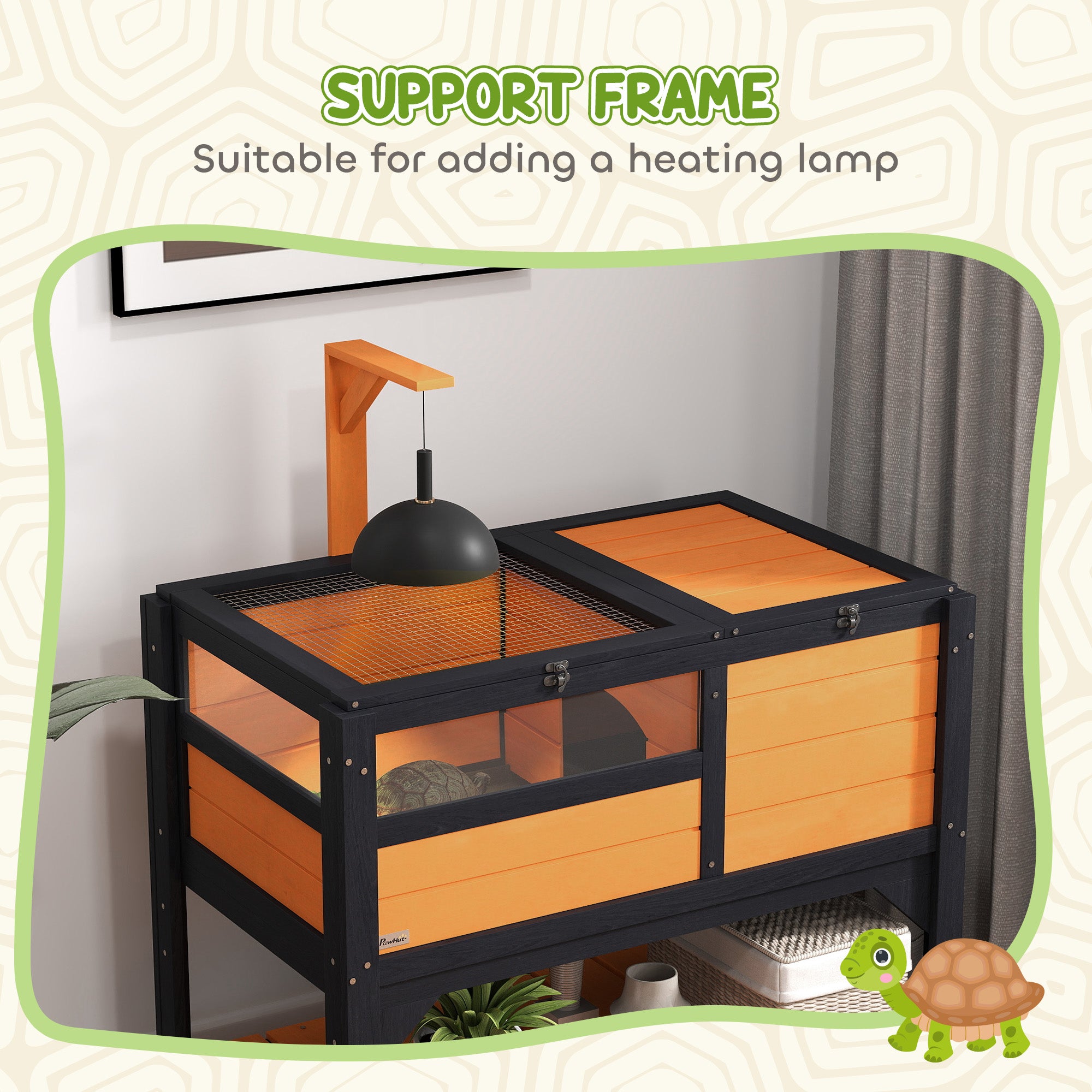 PawHut Wooden Tortoise House w/ Run, Shelter, Shelf, Lamp Holder, Yellow