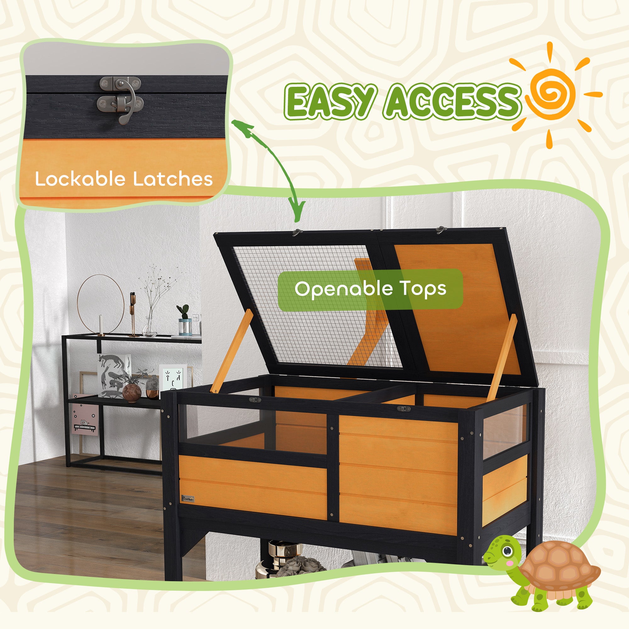 PawHut Wooden Tortoise House w/ Run, Shelter, Shelf, Lamp Holder, Yellow