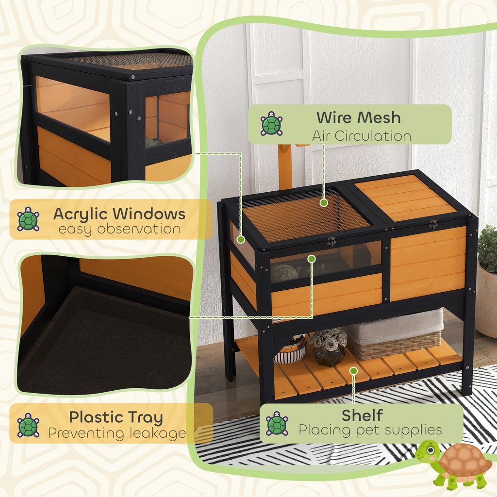 PawHut Wooden Tortoise House w/ Run, Shelter, Shelf, Lamp Holder, Yellow