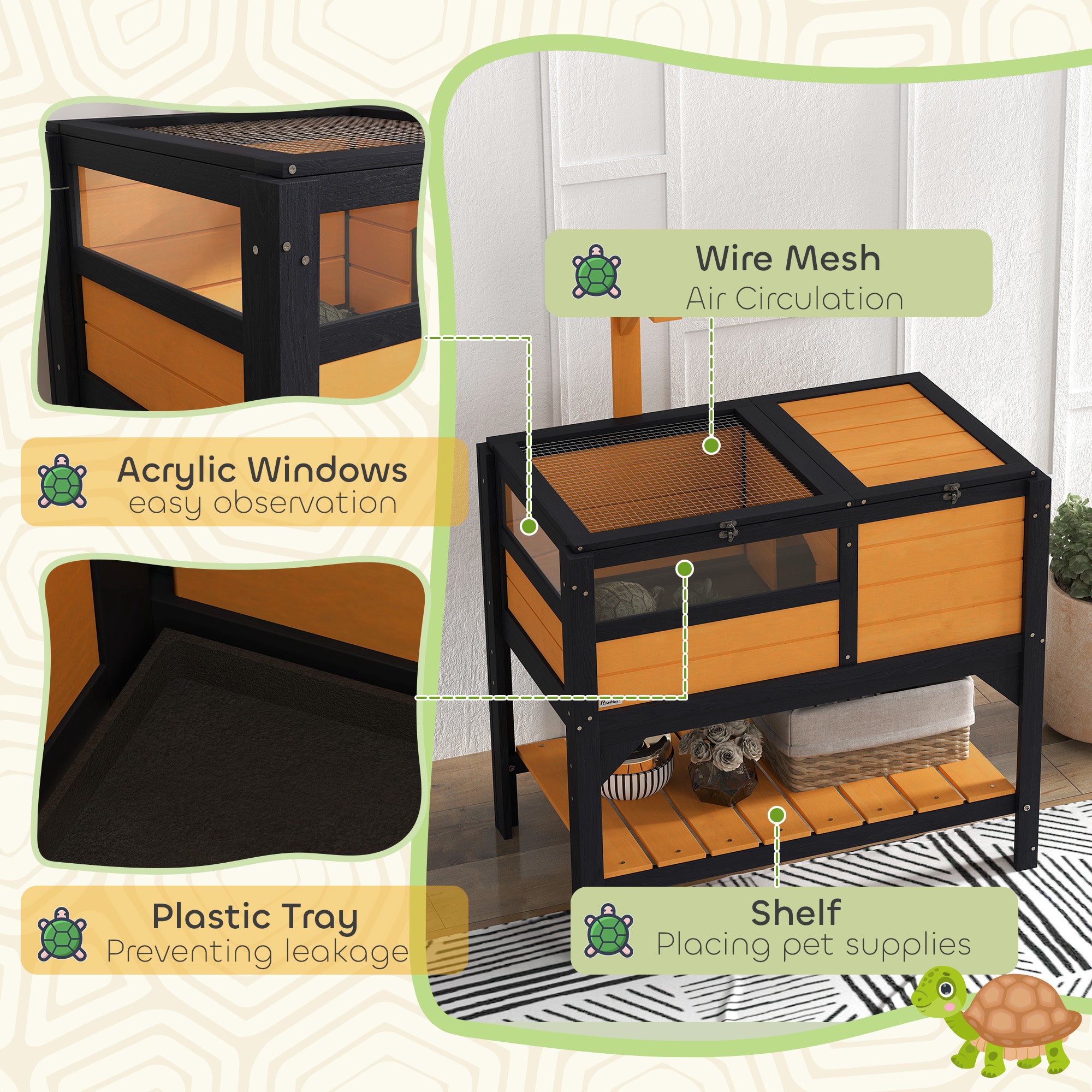 PawHut Wooden Tortoise House w/ Run, Shelter, Shelf, Lamp Holder, Yellow