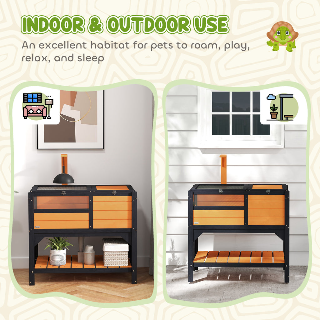 PawHut Wooden Tortoise House w/ Run, Shelter, Shelf, Lamp Holder, Yellow
