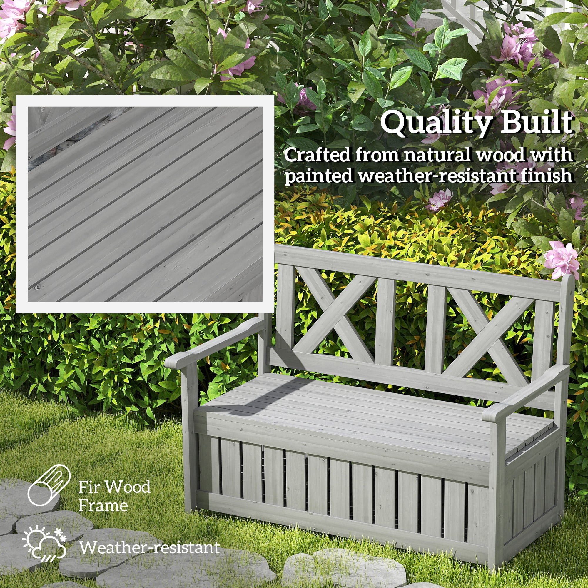 Outsunny Wood Storage Garden Bench for Patio Outdoor Seating, Charcoal Grey