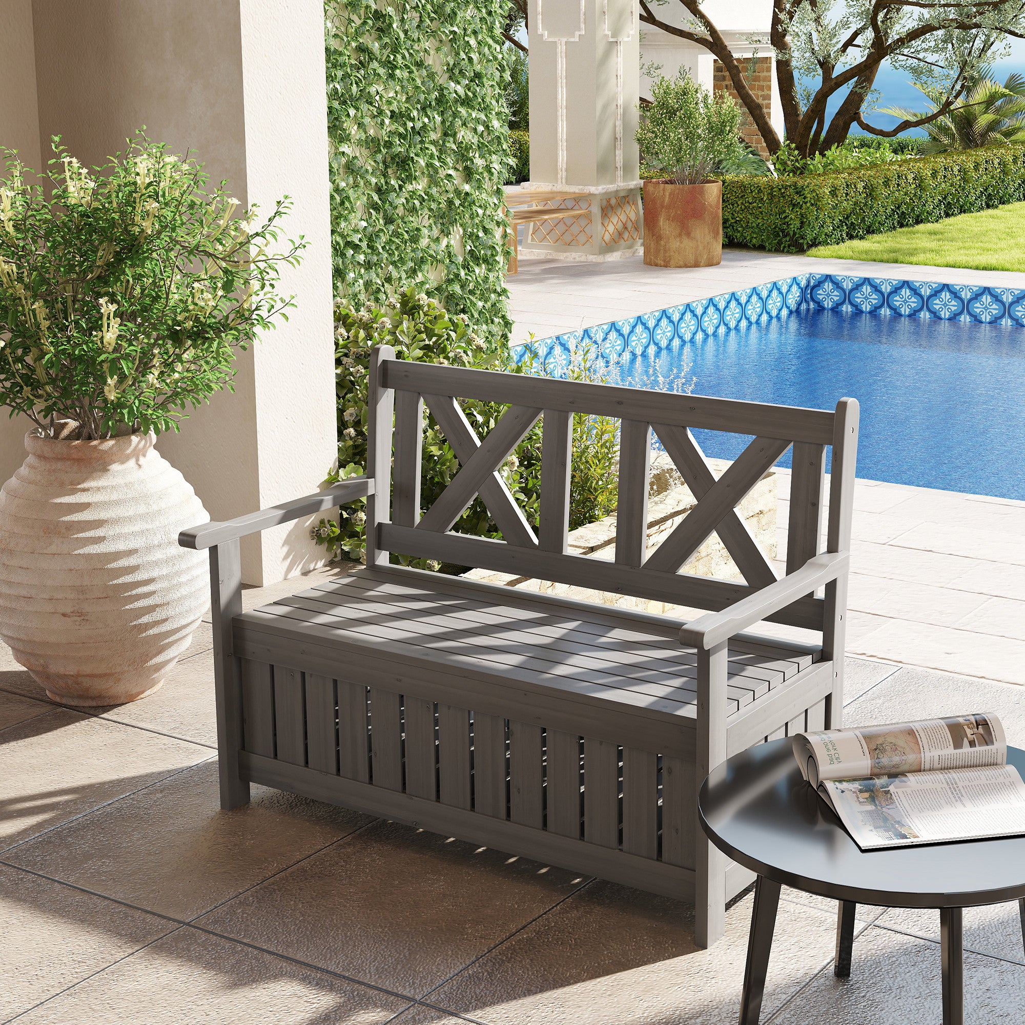 Outsunny Wood Storage Garden Bench for Patio Outdoor Seating, Charcoal Grey