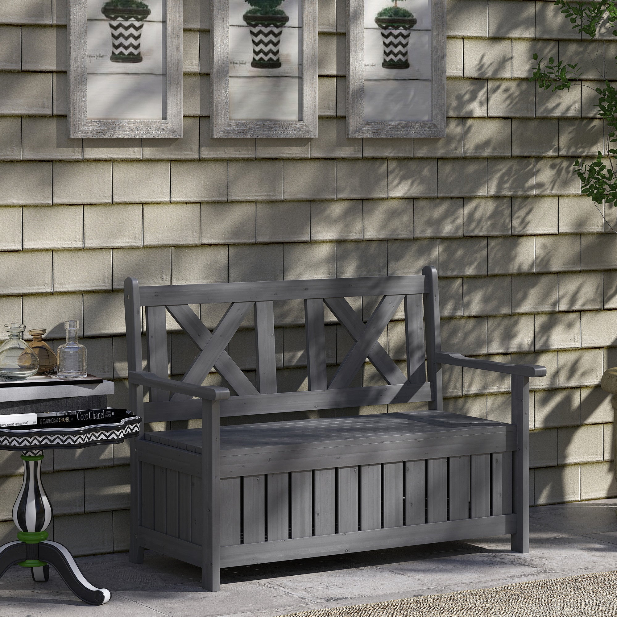 Outsunny Wood Storage Garden Bench for Patio Outdoor Seating, Charcoal Grey