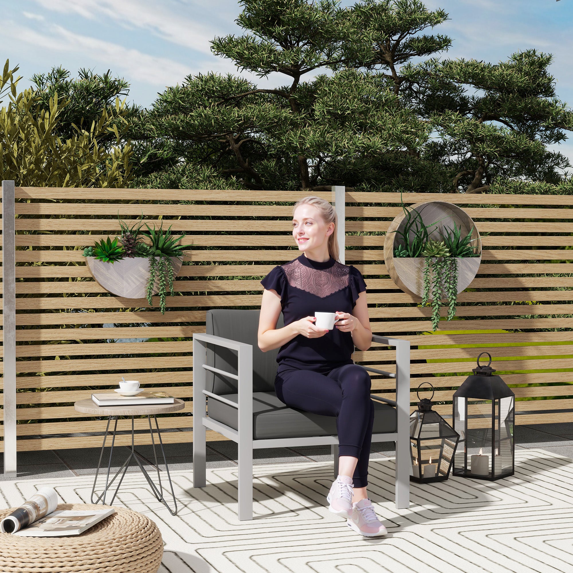 Outsunny Patio Furniture Aluminium Armchair with Cushions, Charcoal Grey